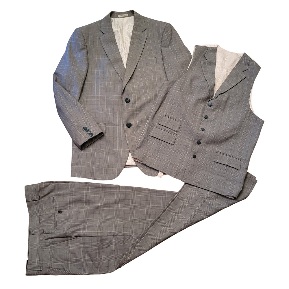 3 pc Rossi 38R/32R Suit Grey Glen Plaid Super 150s Wool Pleated CYRUS Academia